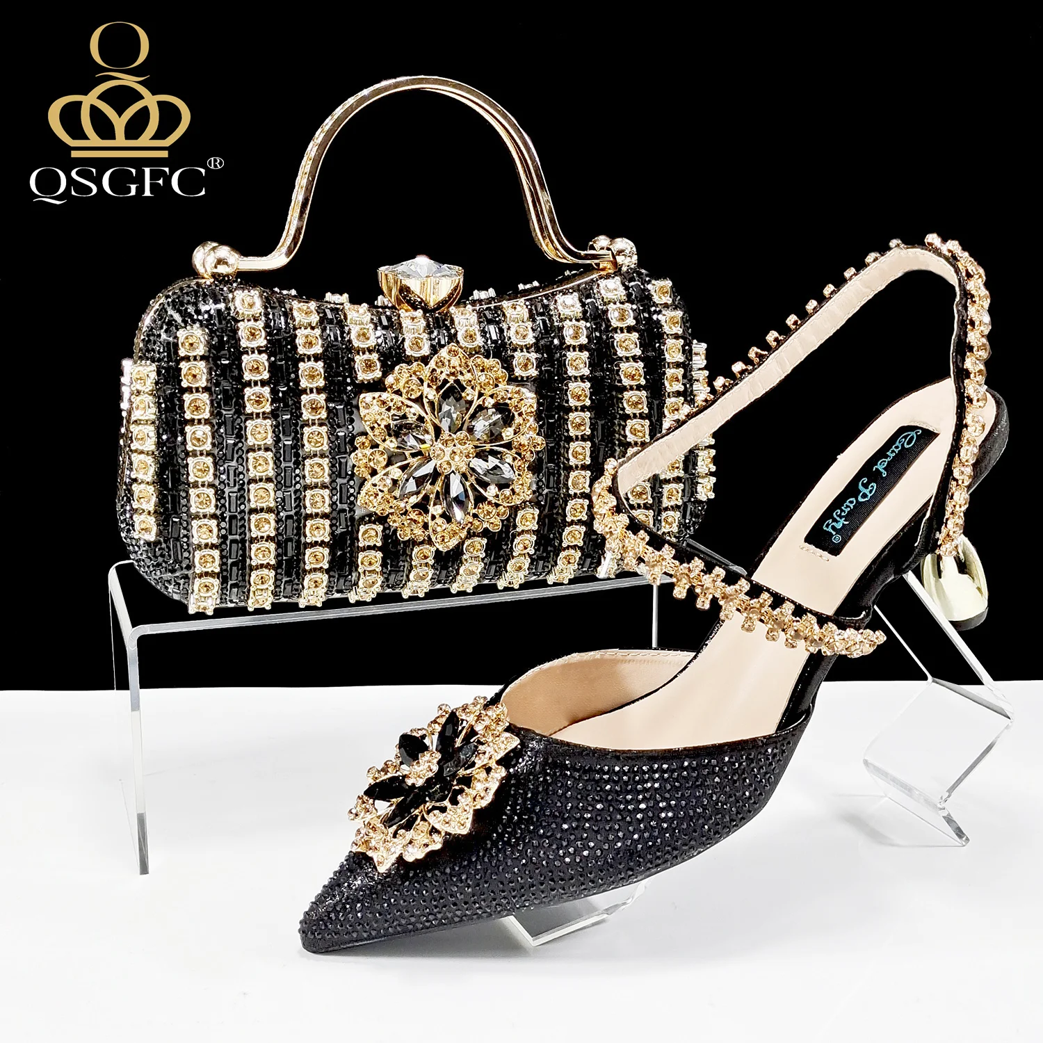 QSGFC Italian Design Rhinestone-encrusted Ladies Party Women Shoes And Bag  Nigeria Gold Mini Bag Women High Heels