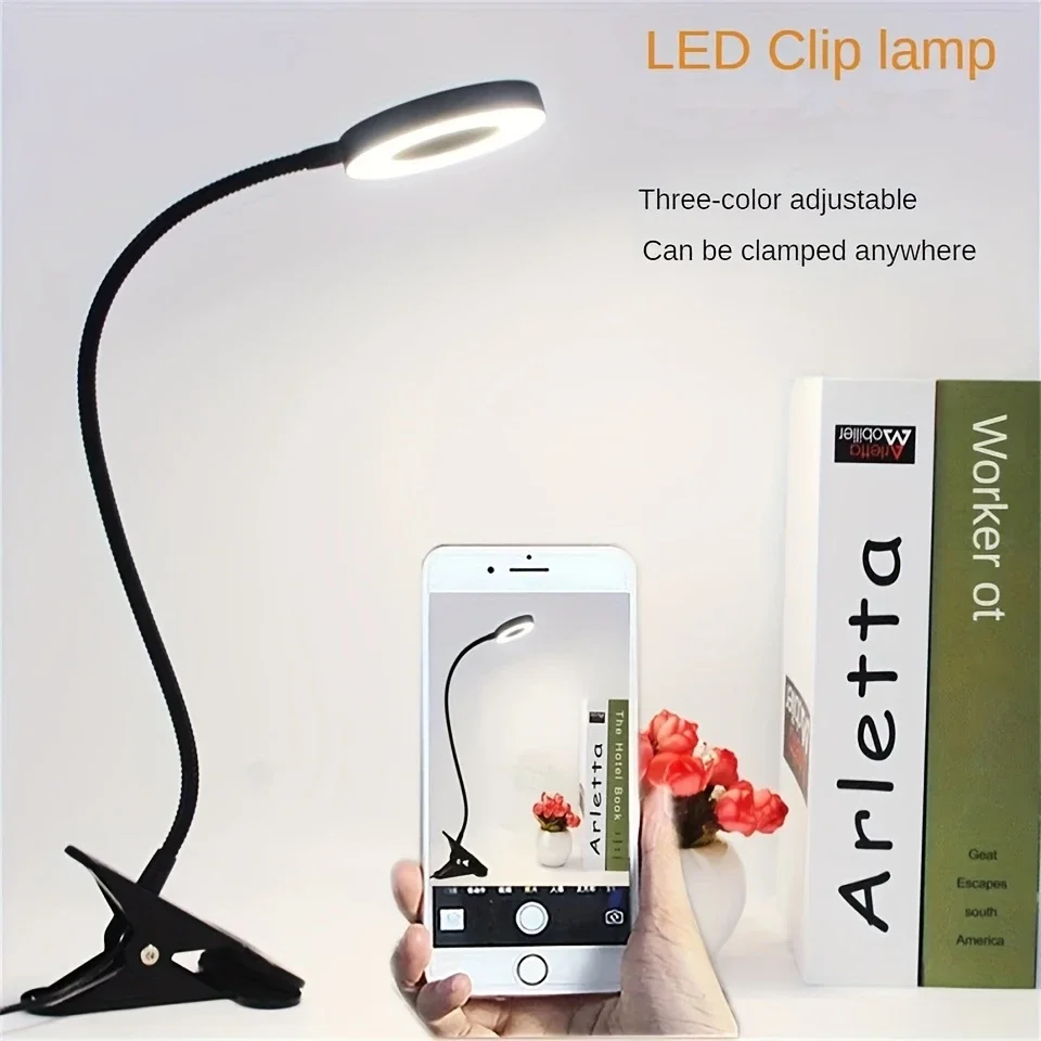 

LED clip light with flexible 360° gooseneck – reading lamp, desk lamp, perfect for video conferences and makeup. Features 3 colo