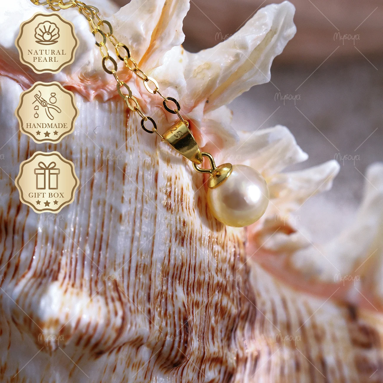 MYSOYA Gold Tone Akoya Pearl Pendant Necklace 7.5-8mm, Gift Box, Fine Jewelry S303