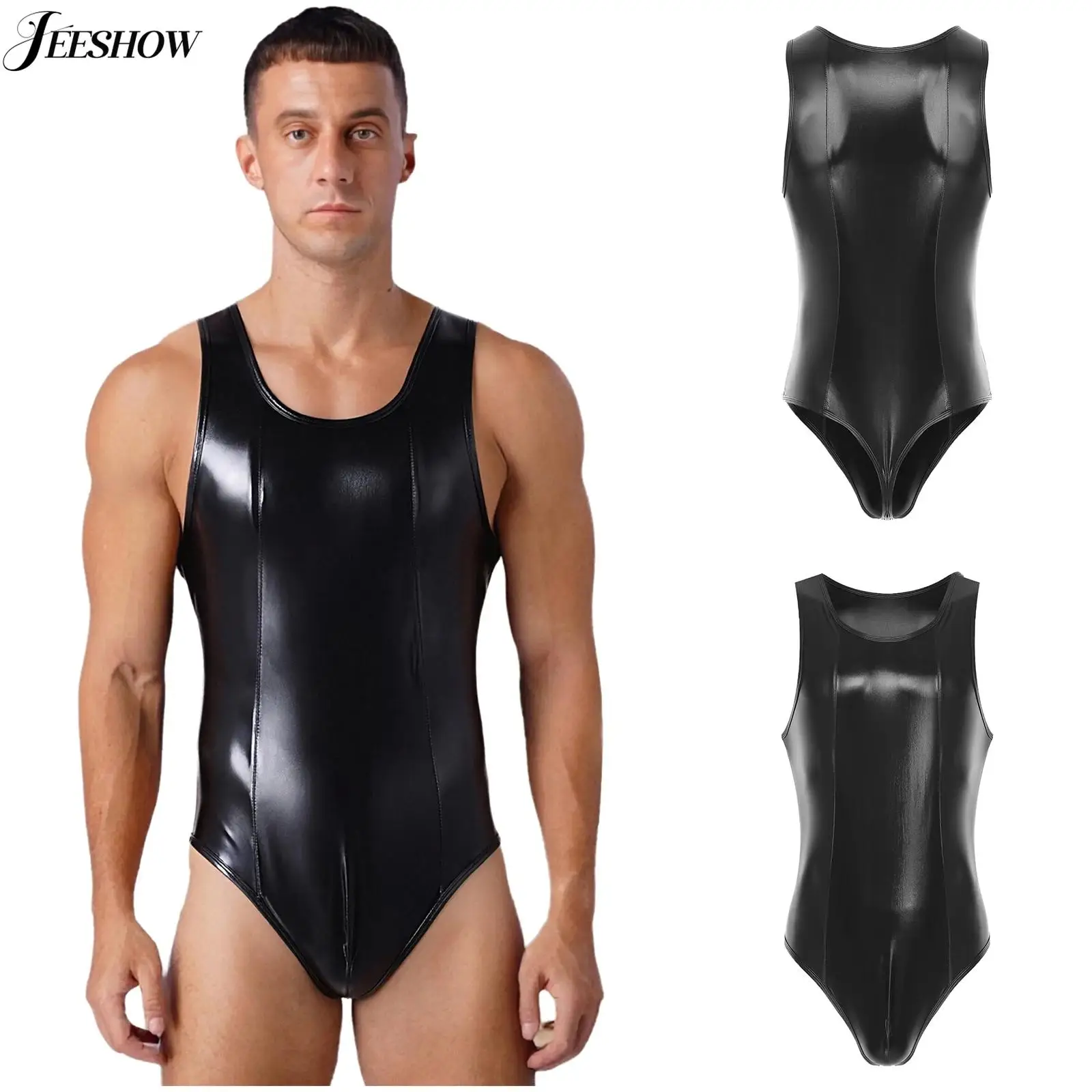 

Mens Wet Look Faux Leather Tank Leotard Glossy Sleeveless High Cut Bulge Pouch Bodysuit Latex Wrestling Singlet Clubwear