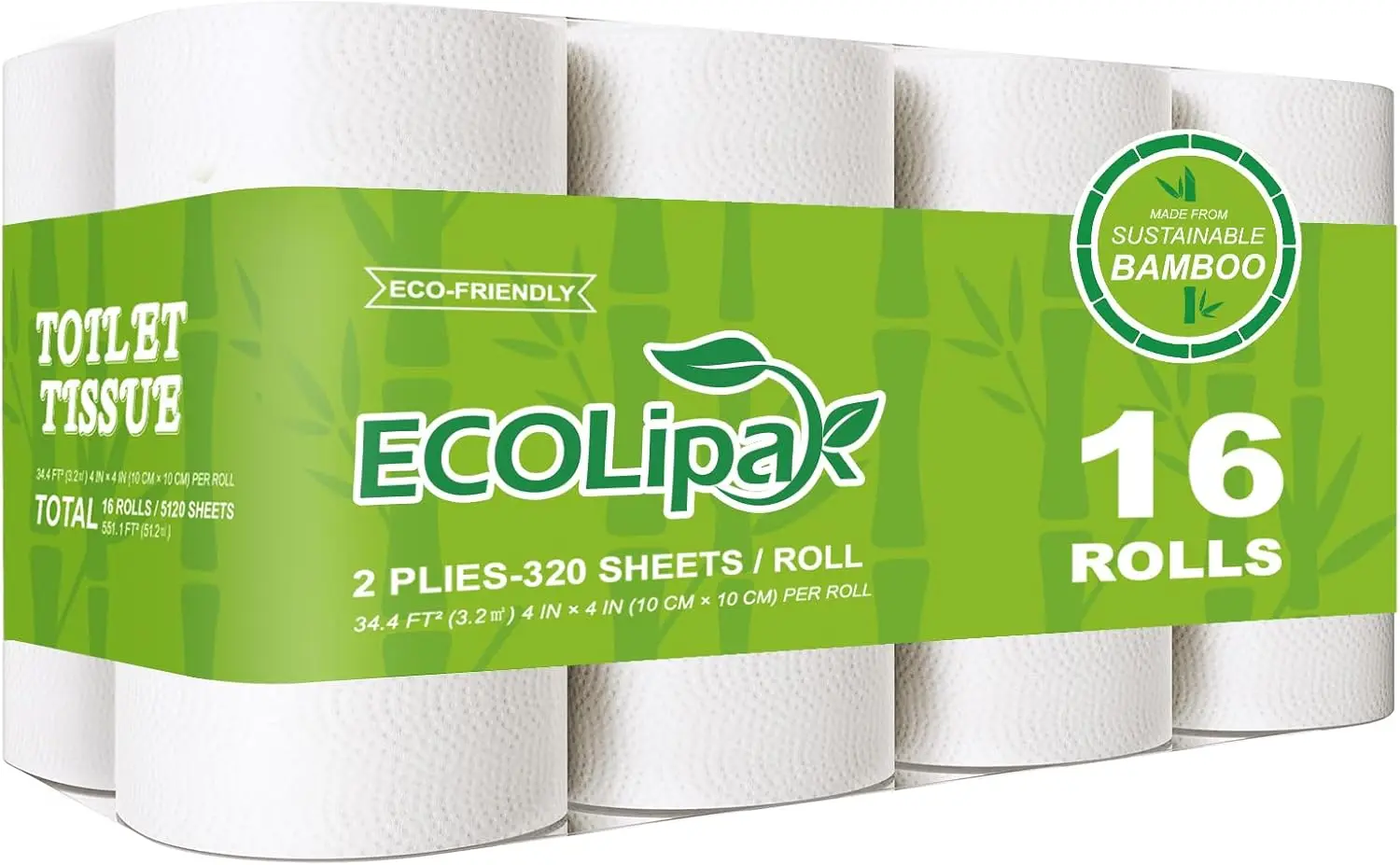 

Eco-Friendly Bamboo Toilet Paper, Septic Safe, 16 Double Rolls, Soft and Absorbent, Non-Toxic and Dye-Free