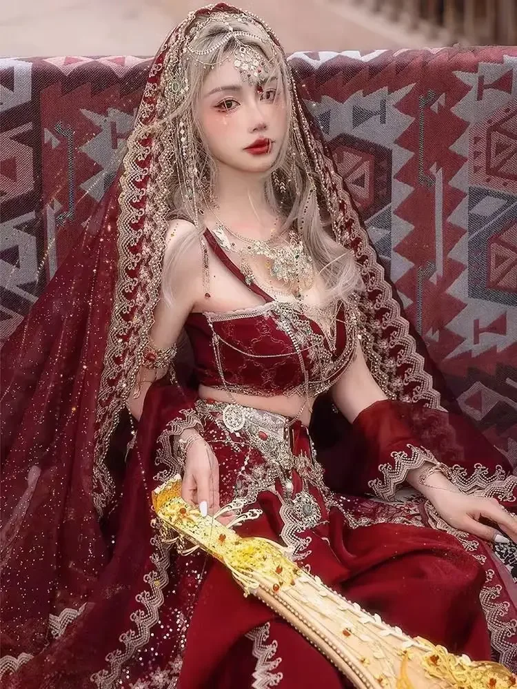

Dancing Dress Travel Costume Cos Red Princess Dress Ancient City Suit Western Region Princess Skirt Uyghur Costume Ethnic Dress