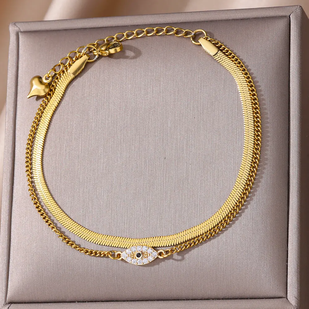 Zircon Cross Anklets for Women, Double Chain Design