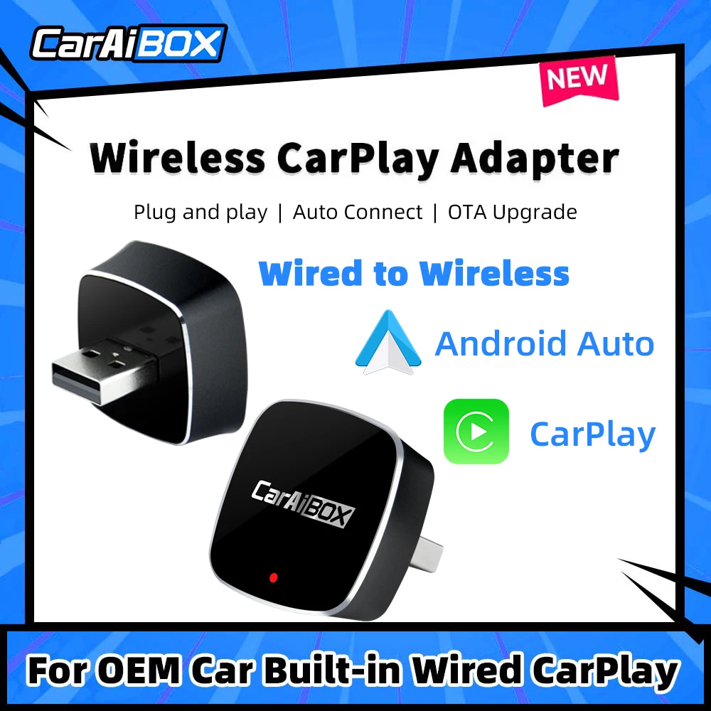 CarAiBOX Mini Cars Accessories Original Wired Carplay or Android Auto to Wireless 2in1 Adapter Play and Plug