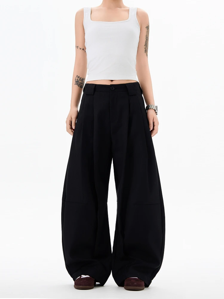 

American Retro Draped Knife ape Casual Pants High Waist Wide Leg Pants Polyester Fiber ket Detail Loose Fit Trousers
