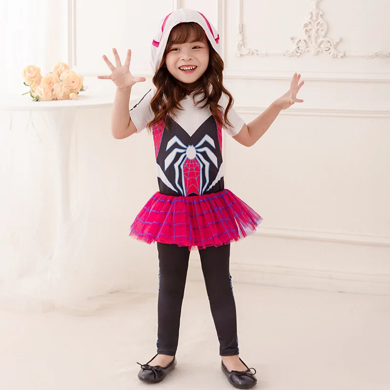 Disfraz de niña Camiseta y mallas de superhéroe Spider para Cosplay, conjunto de 2 uds., vestidos de fiesta para niñas, disfraz de actuación para el Día de los niños