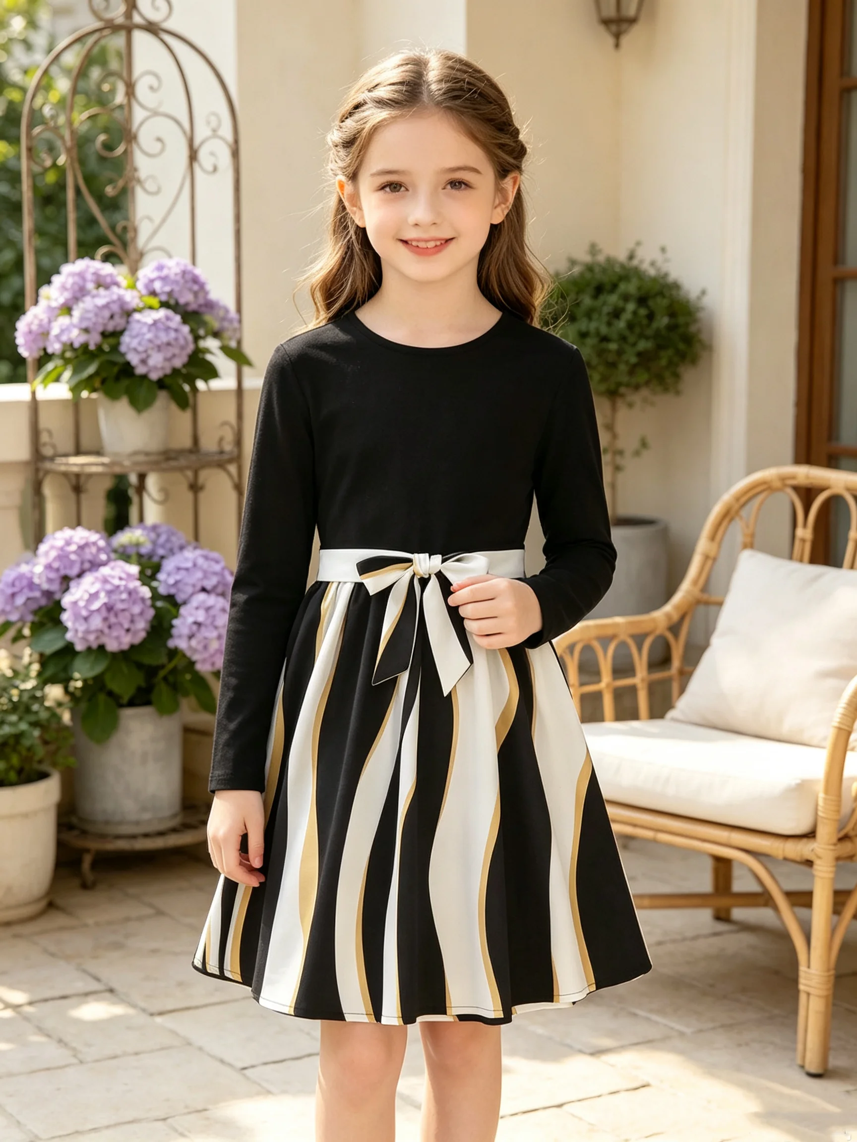 Casual and elegant girls' patchwork round neck solid color geometric print slim fit lace up long sleeved dress