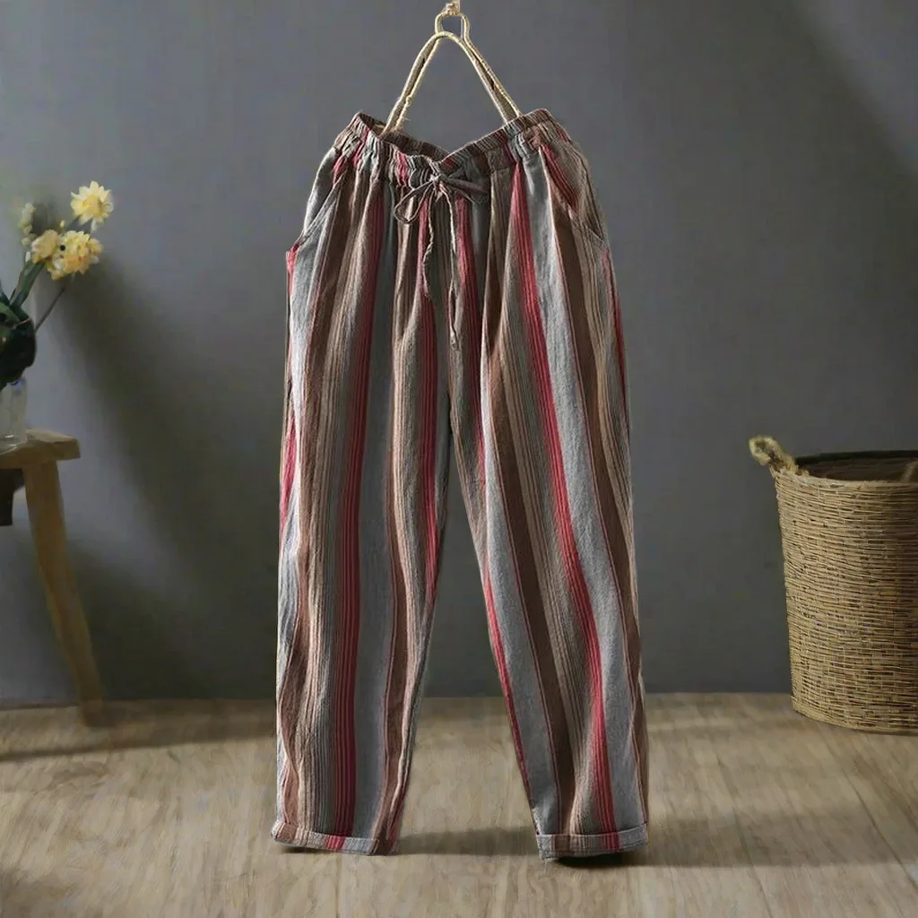 Striped Vintage Elastic High Waist Lace Up Cotton Linen Women\'s Pants Wide Leg Ankle-Length Pants For Women Clothing Fashion