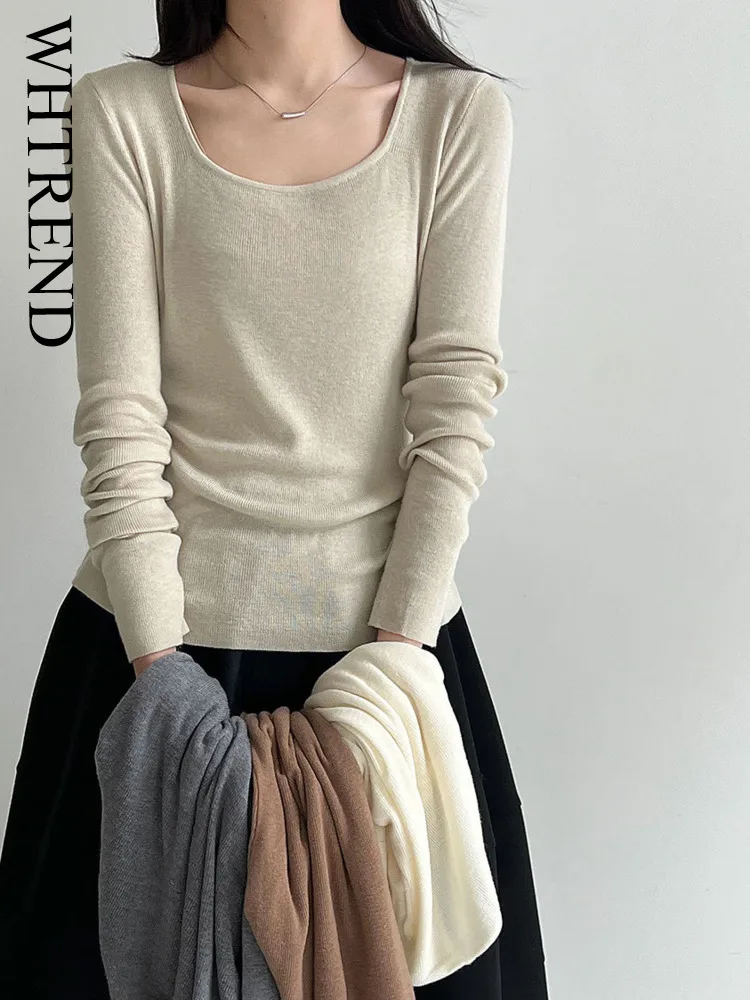 

WHTREND Корейский стиль U-образным вырезом для похудения вязаная шерстяная футболка женская осенняя новая приятная для кожи мягкая базовая рубашка WH2009