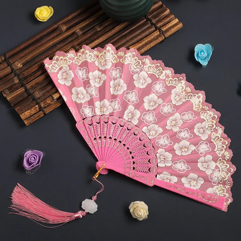 1Pc Flower Pattern Print Foldable Chinese Fan, 9 Color to Choose, Folding Silk Cloth Folding Fan with Tassel Hand Fan