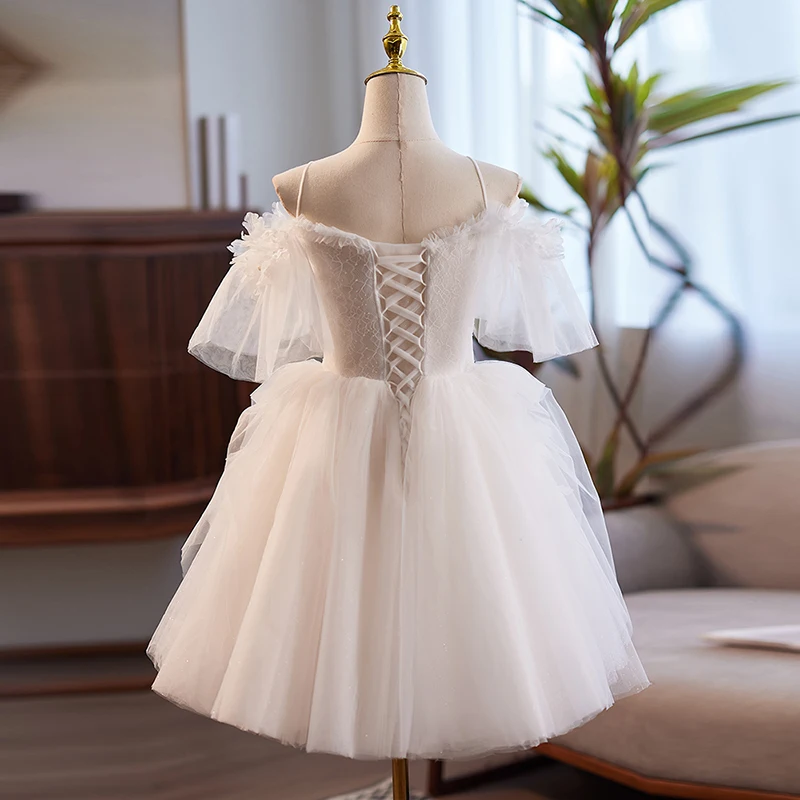 AnXin SH princesa flor blanca encaje correa de espagueti volantes manga corta con cordones vestido de noche personalizado pequeño vestido blanco