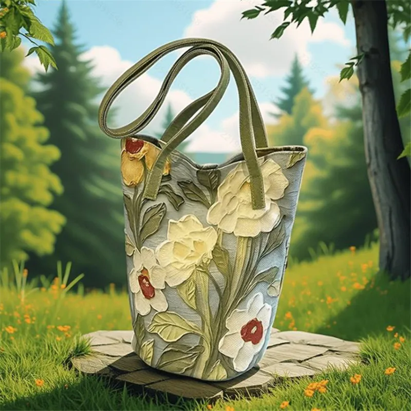 

Шикарная сумка-ведро с цветочным принтом, женская сумка на плечо, элегантная большая сумка с рисунком маслом и цветочным дизайном, прочная ткань Оксфорд, полиэфирная подкладка