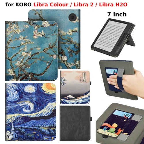 Para KOBO Libra Color/Libra 2/Libra H2O Funda con correa de mano soporte ranura para tarjeta Funda de cuero de 7 pulgadas Ebook N428 N418 N873 Funda