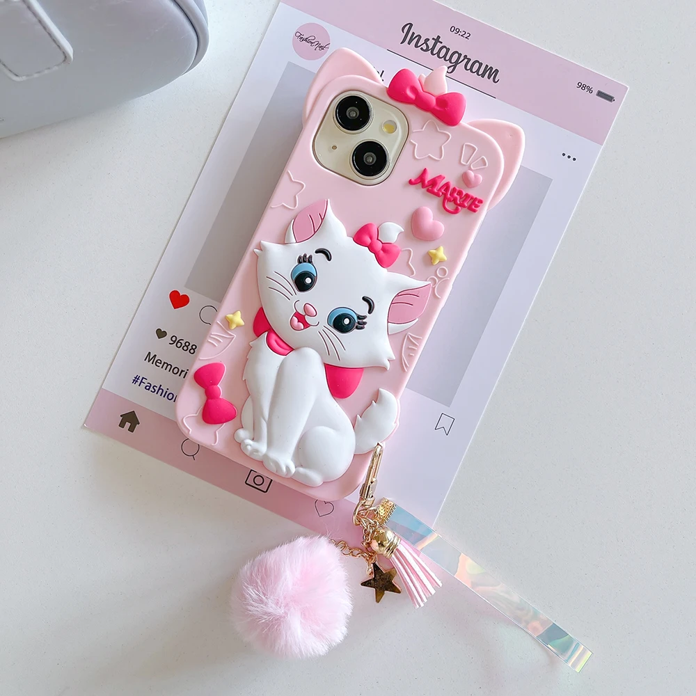 3D Kawaii Cartoon Marie Cat Phone Case Soft Silicone Cover for iPhone 12 13 14 15 Plus iphone 16 Pro Max With Hair Ball Pendant