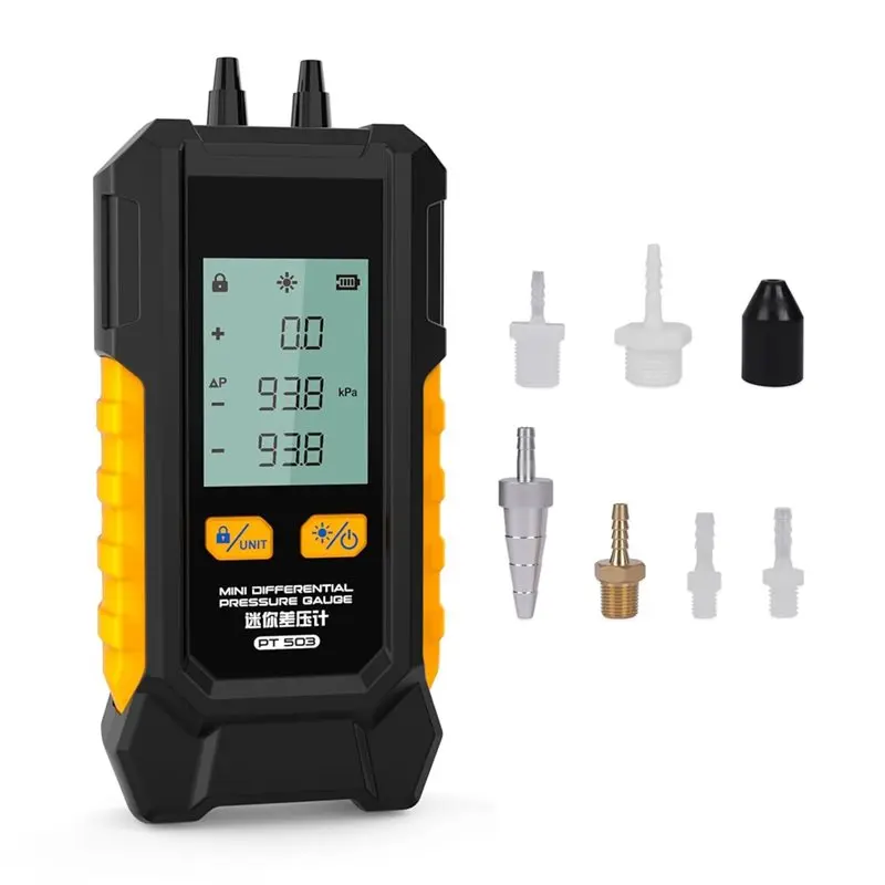 

Цифровой манометр для систем ОВКВ AT19-PT503, тестер давления газа, 7 адаптеров, сохранение данных, диапазон от -100 до 200 кПа