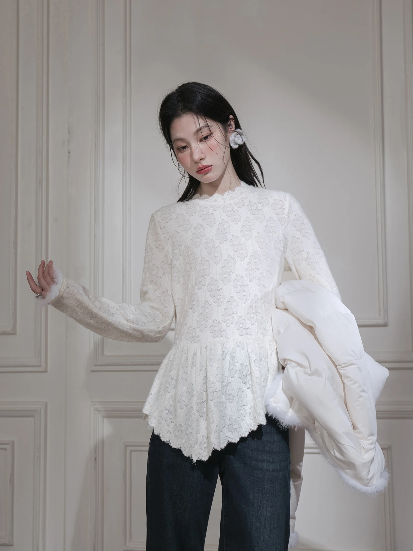 

COTRE Ele Sle Трикотажный нейлоновый свитер с длинными рукавами, с кружевными вставками, из белого бархата Cloud Bud, с эффектом кроличьего меха, для ношения под одеждой