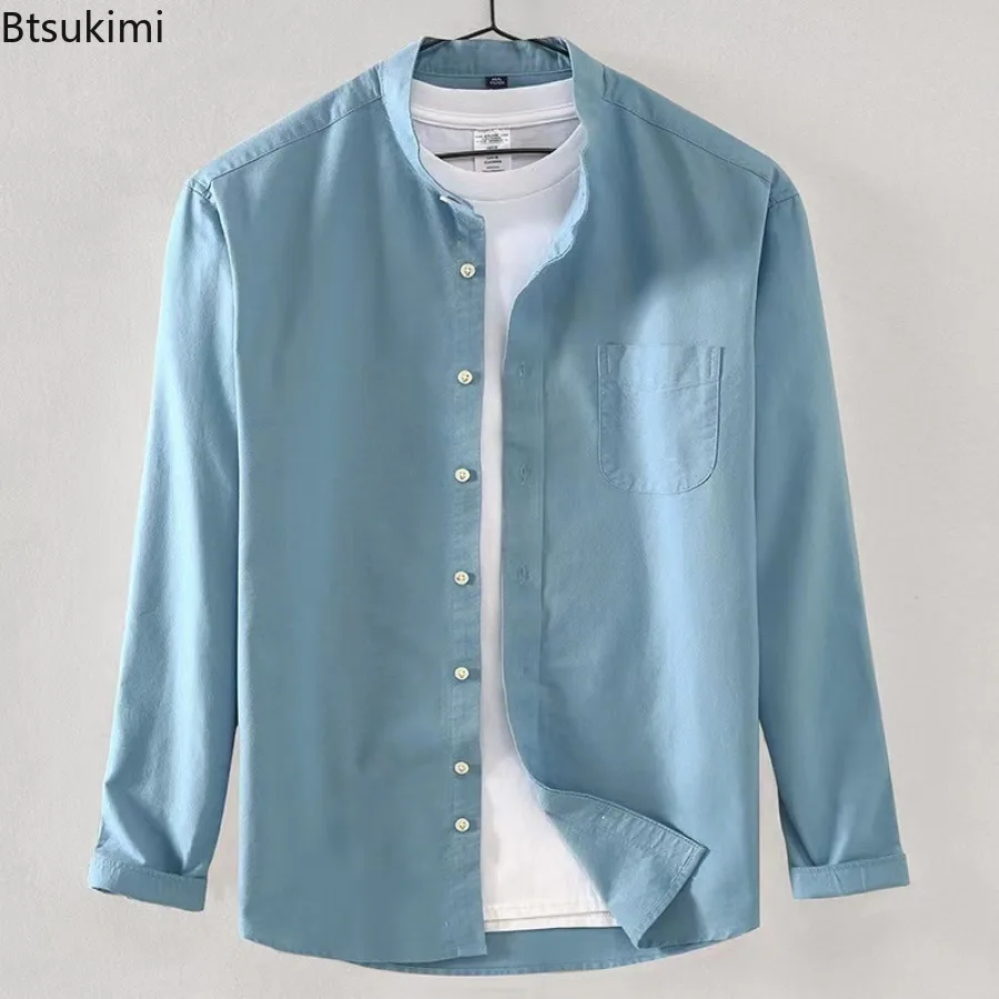 2025 جديد 100% القطن أكسفورد نسج القمصان للرجال النمط الصيني الوقوف طوق كم طويل قميص معاطف تنفس الرجال البلوزات غير رسمية #4