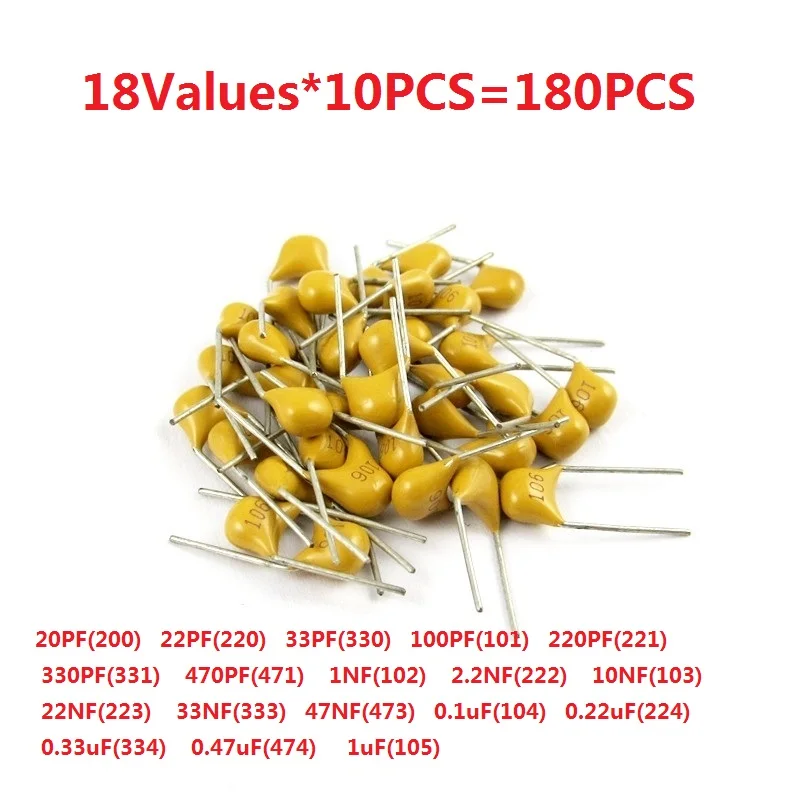 Capacitor Kit 180PCS=18values*10pcs Monolithic Capacitance Pack 101/103/103/104/105/223/224/471/. P PF UF NF Assorted Set 5.08MM