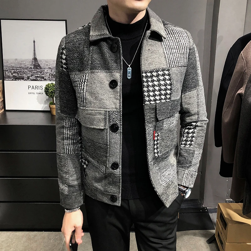 Mens Woolen Jacket 2023 Autumn Winter Fleece Warm Plaid Woolen Coat Streetwear Casual Slim Fit Jacket Coat Fashion Men Clothing