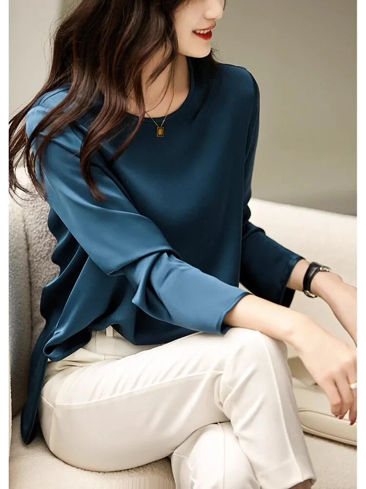 Korean fashion simple long sleeved acetate satin T-shirt,Spring casual artificial silk shirt plus size Autumn  vintage tops 6XL