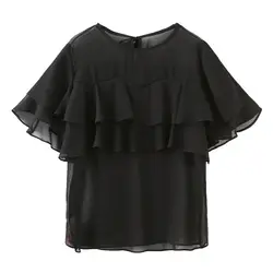 Korean All-match  Women's Ruffles Spliced Chiffon Shirt Summer Casual Simplicity Solid Color Short Sleeve Blouse Female Clothing