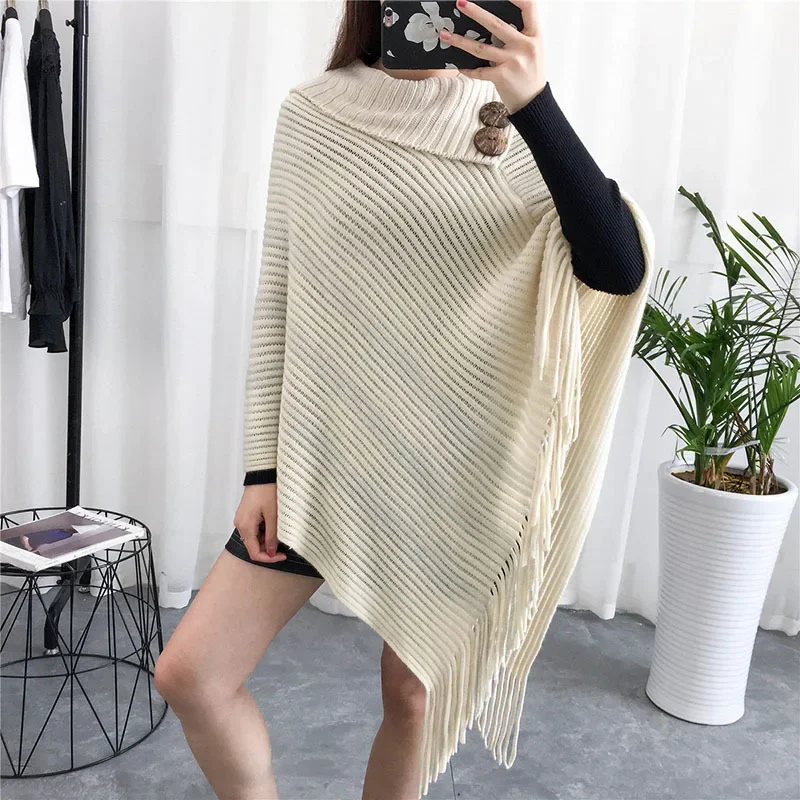 Spring Autumn Nordic Design Button High Lapel Cape Bright Silk Sweater Loose Pullover Sleeveless Lady Outside Coffee