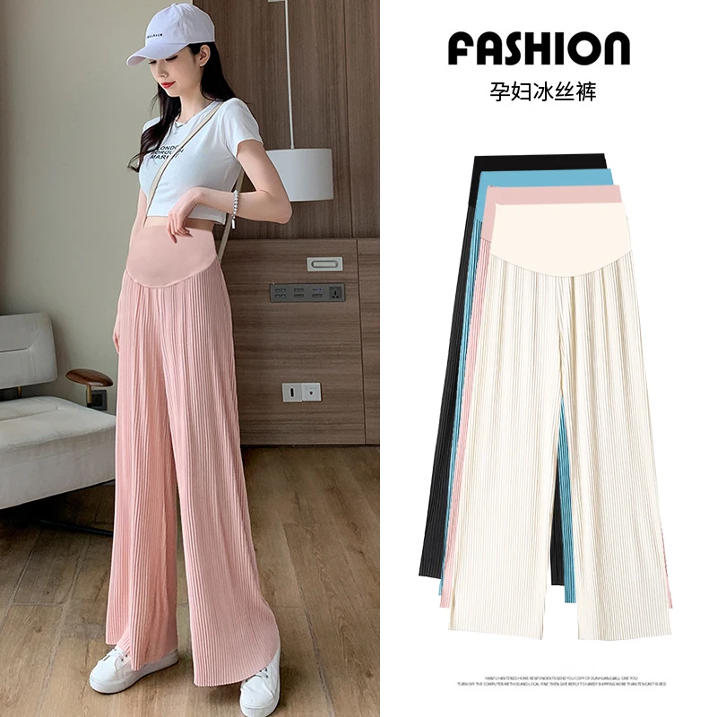 Wide Leg Loose Straight Pleated Pants for Maternity Summer Cool Breathable Belly Trousers for Pregnant Women Youth Pregnancy