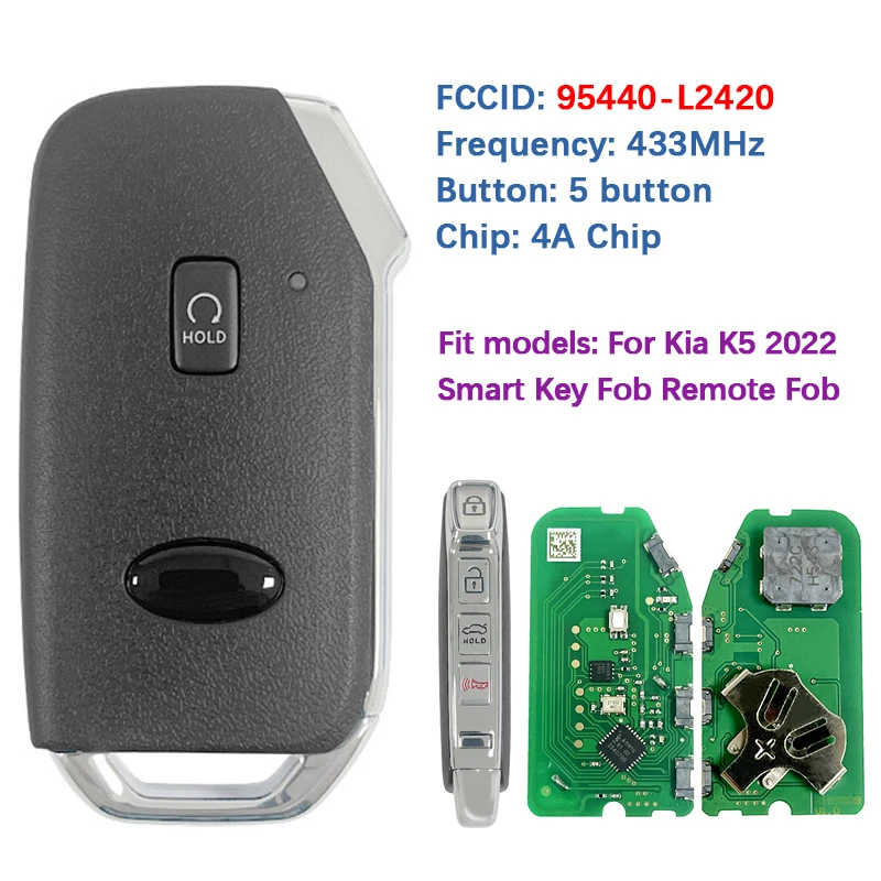 

CN051217 послепродажного обслуживания 5-кнопочный бесключевой дистанционный ключ 4A чип 433 МГц PN 95440-L2420 FCC FD00790 брелок с автоматическим запуском для Kia K5 2022