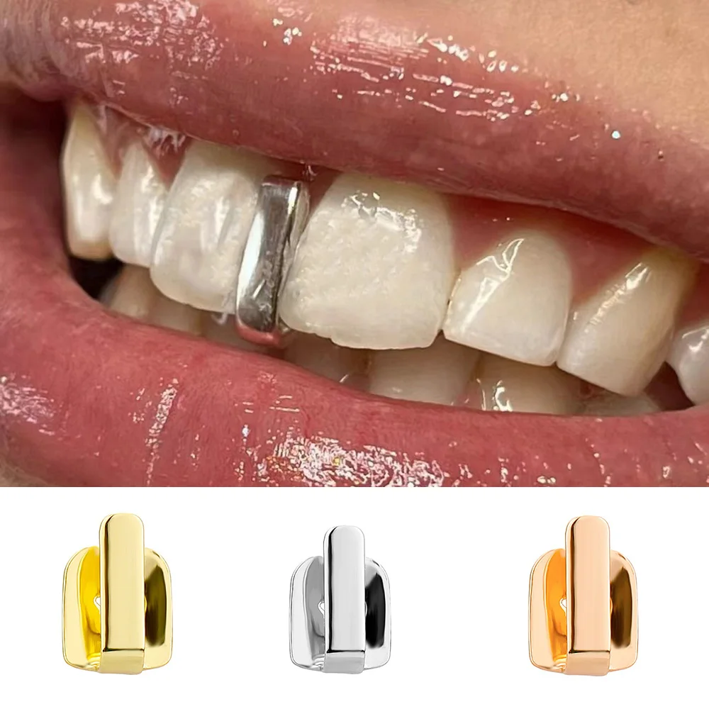 YOUNGX Hip Hop Single Glossy Long Stick Teeth Grillz Punk Gold Silver Color Vertical Bar Tooth Caps For Women Men Body Jewelry