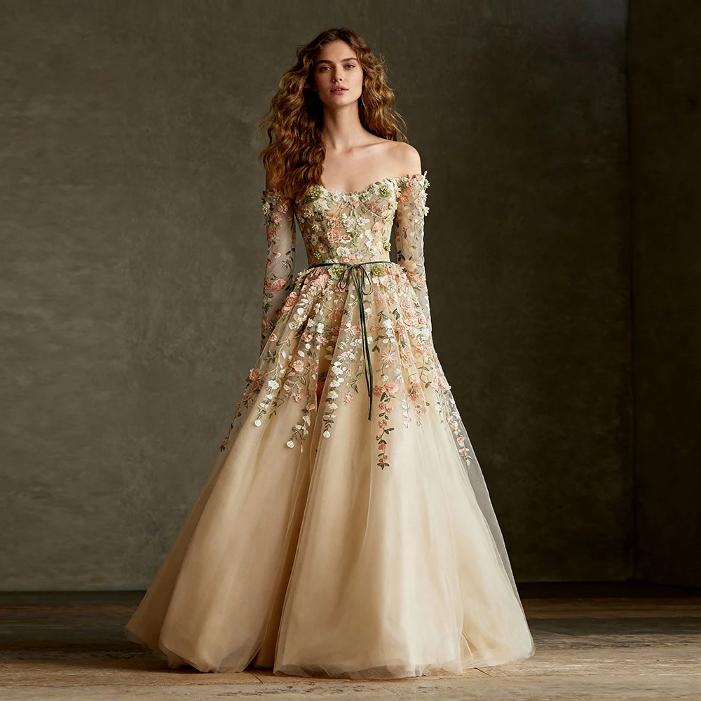 

Champagne Long Evening Dress for Photo Shoot Embroidery Appliques Tulle Prom Wedding Dresses for Parties Formal Elegant Gowns