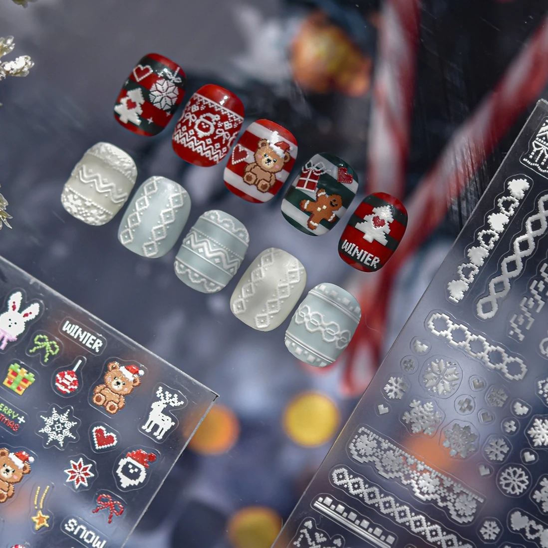 Naklejki na paznokcie w stylu pixel art, romantyczne śnieżynki, choinka, królik, niedźwiedź, zima, Święty Mikołaj, bałwan, naklejki do manicure.