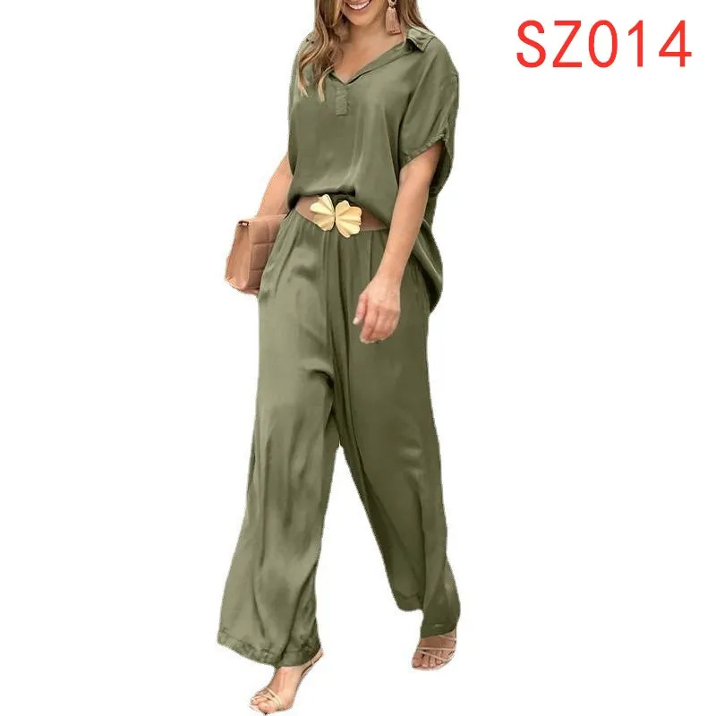 

Women's Summer Shirt 2024 Wide Leg Pants Fashion set Casual solid color two-piece set