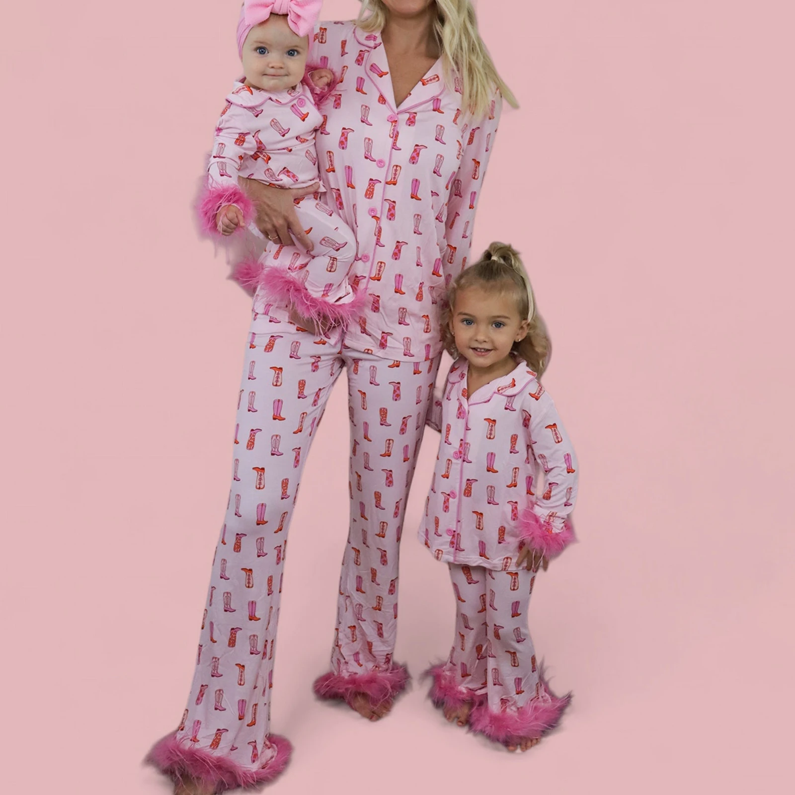 HEZIOWYUN Mom and Me Family Matching 2Piece Pajamas Feather Cuff Set Long Sleeve Boot Print Shirt + Pants Set Cowgirl Loungewear