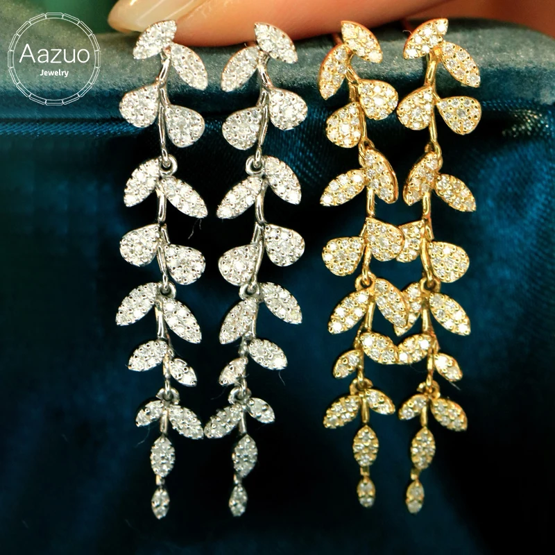 Aazuo Real 18K Solid White Gold Yellow Gold Real Diamonds 0.6ct Leaves Drop Earring Gift For Women Engagement Dinner Party Au750
