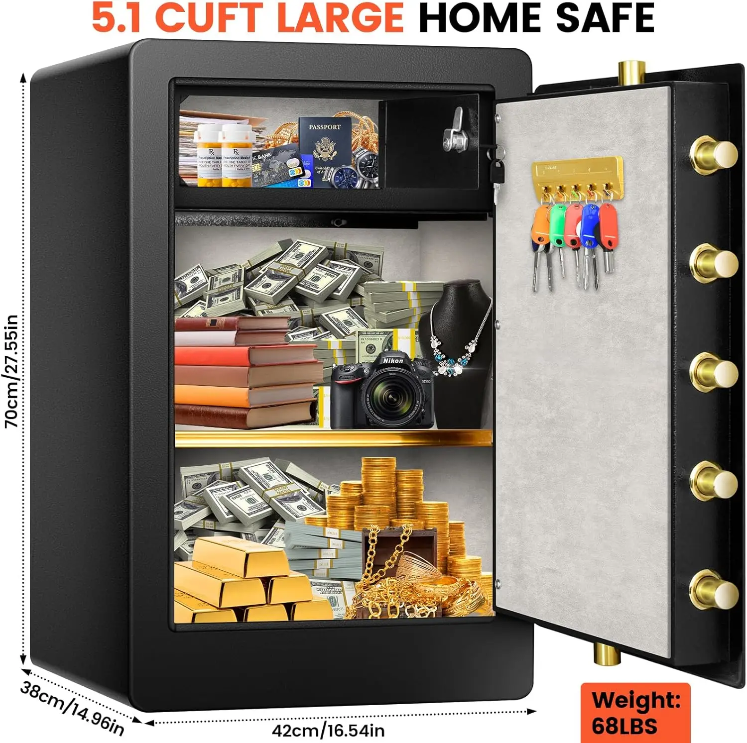 5.1 Cuft Fireproof Safe for Home, Large Home Safe Box Fireproof Waterproof with Dual Key System and Hidden Lock Box, Document Sa