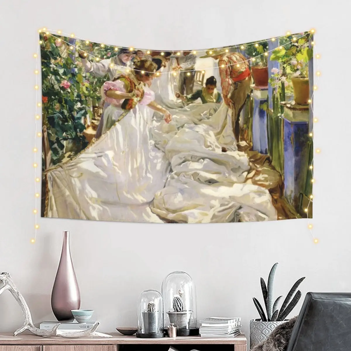 Joaquín Sorolla - Sewing the Sail Tapestry Nordic Home Decor Decorative Wall Mural Room Decorations Aesthetic Tapestry