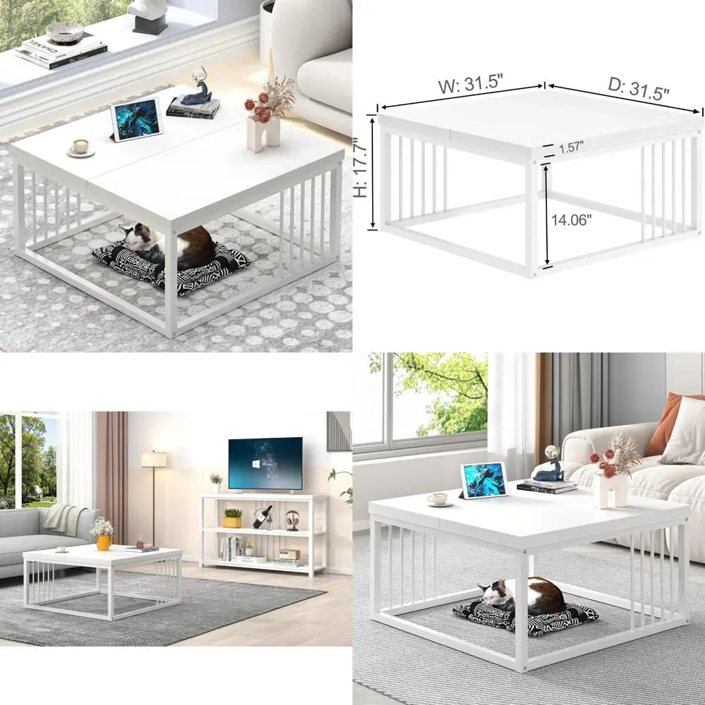 

Modern Rustic White Coffee Table, Industrial Style Metal and Wood Center Table for Living Room, 31 Inch