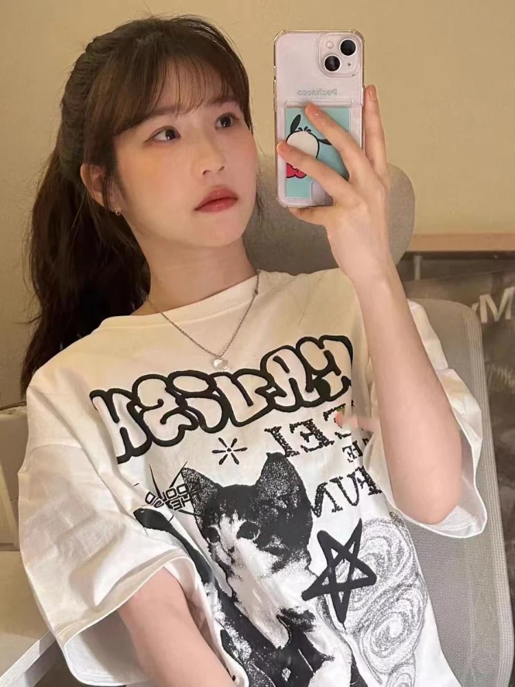 American Cat Rock Guitar Graphic Short Sleeve T-Shirt Loose Korean Fashion Oversized Women's Summer Clothes Y2K Streetwear