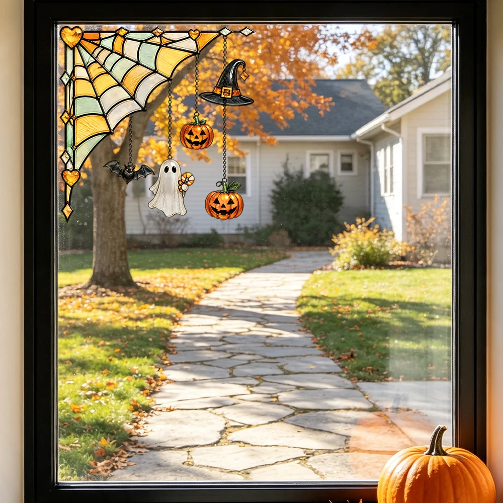 1Pc Window Films, Halloween Spooky Season - Gothic Stained Glass Spider Web, Static Cling Double Sided Glue Free, Glass Window