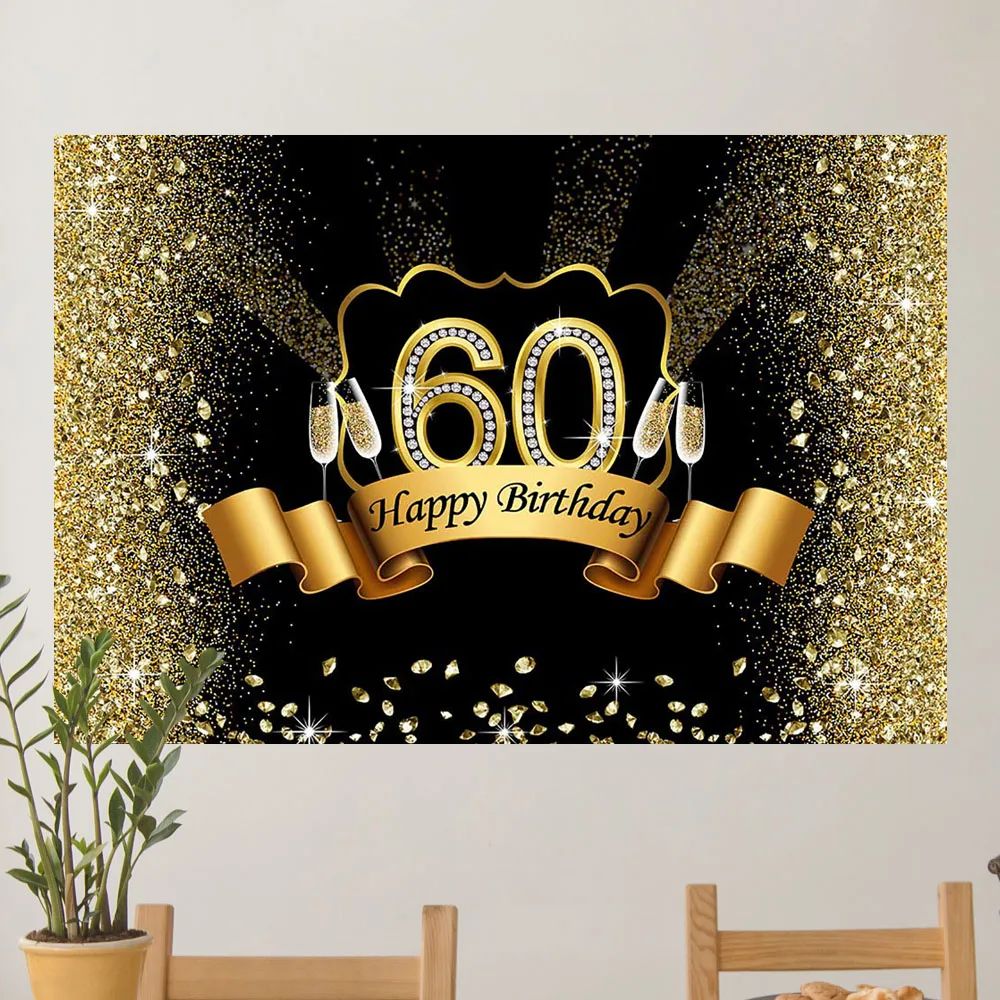 60th Birthday Backdrop Gold Glitter Happy Birthday Theme Party Background Champagne Gold Diamonds Sixty Birthday Backdrop Custom