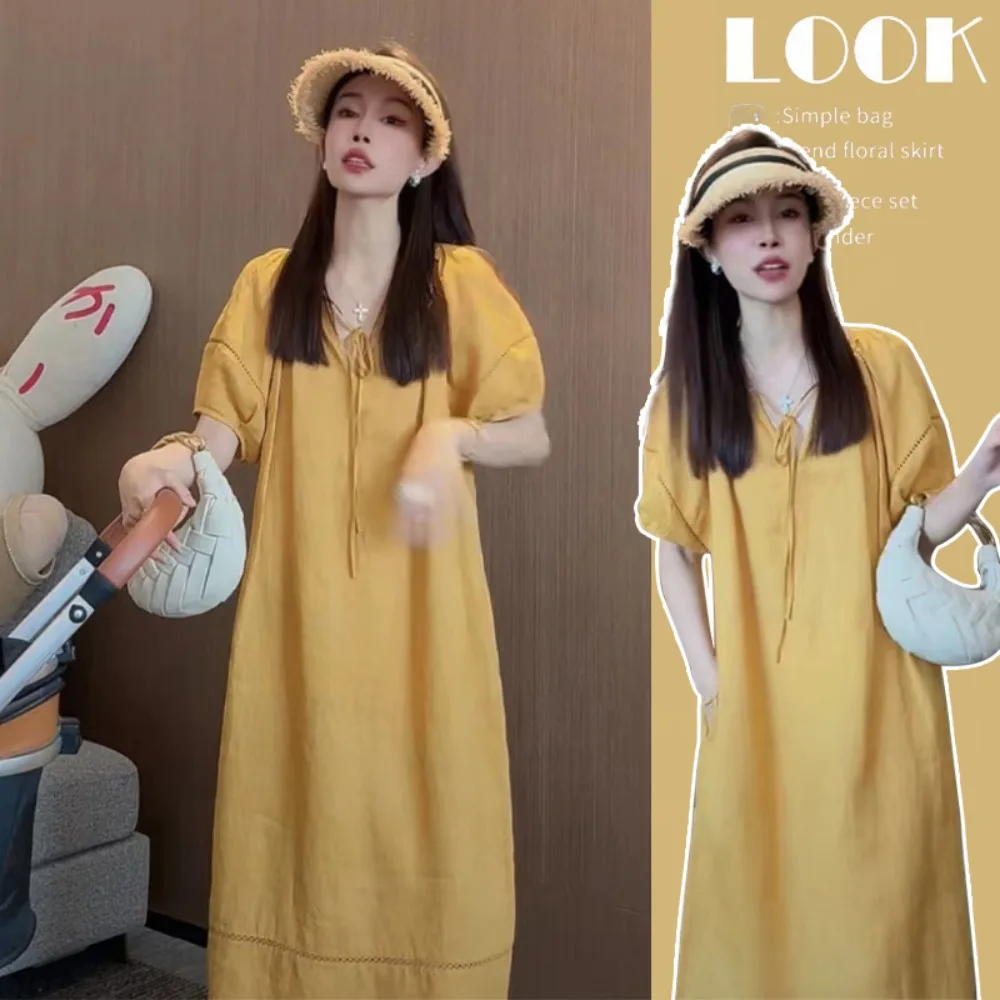 

Летнее платье для беременных, новинка 2025 года, повседневное и модное, свободного кроя, длинное, выше колена, скрывающее живот.