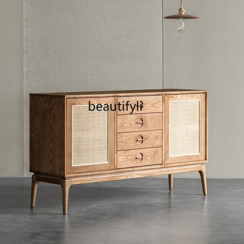 

Solid Wood Sideboard Japanese-Style Simple Walnut Rattan Double-Door Tea Side Cabinet