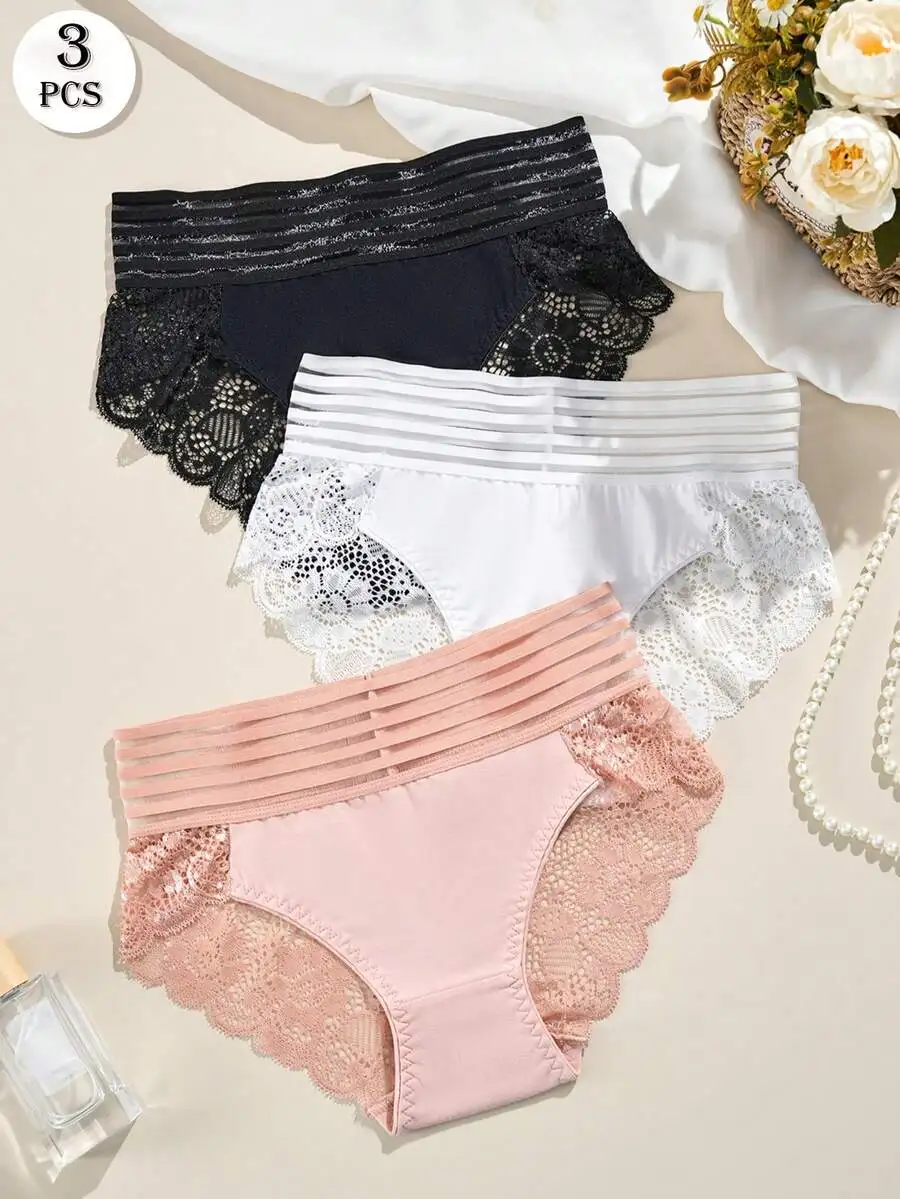 

3 Pcs Women High Waist Lace Trim Bikini Panties