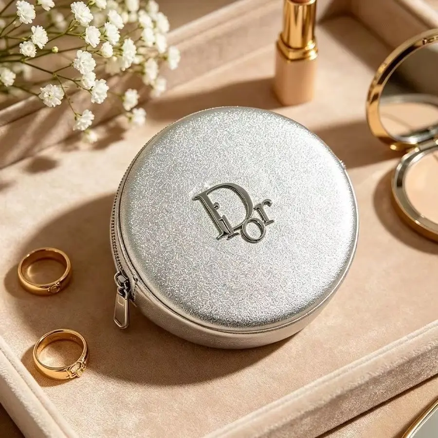 Dior Silver Round Waterproof Portable Leather Cosmetic Bag Travel Business Storage Pouch For Lipstick Powder Compact Luxury Gift