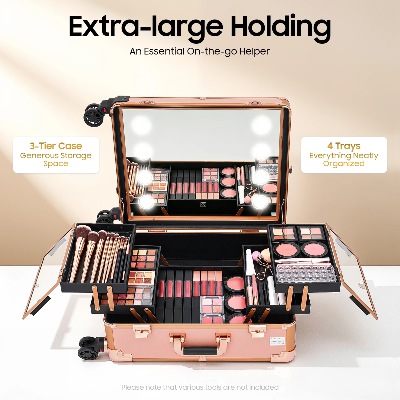 Professioneller Make-up-Koffer 3-stöckig 50kg Kapazität 8 LED-Lichter 3-stufig dimmbar Salon-Rollkoffer für Make-up-Künstler Friseur Nageltechniker Schönheit Rosa/Schwarz – Detail 5