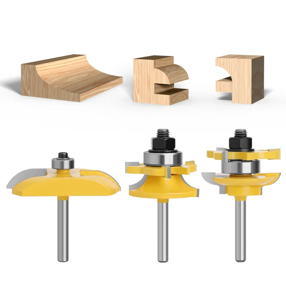 LAVIE 6.35mm Shank 3 Pcs Router Bit Set,Round Over Rail & Stile Milling Cutter With Side R Raised Panel Door Bit For Woodworking