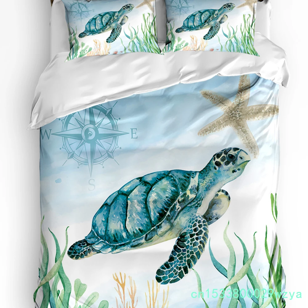 Nautical Theme Sea Turtle Starfish Compass Duvet Cover With Pillow Case 3pcs Bedding Set Quilt Cover Double Bed Home Textile