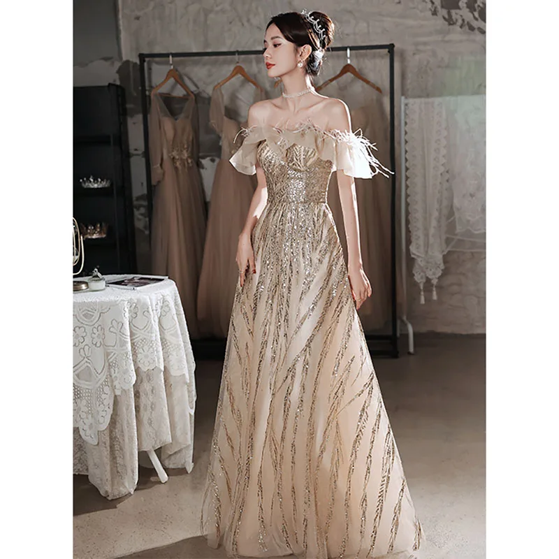 

Off Shoulder Feather Evening Dress Shiny Blingbling Applique Tulle Gentle Romantic Formal Dresses Fashion Ladies Luxury Gown New