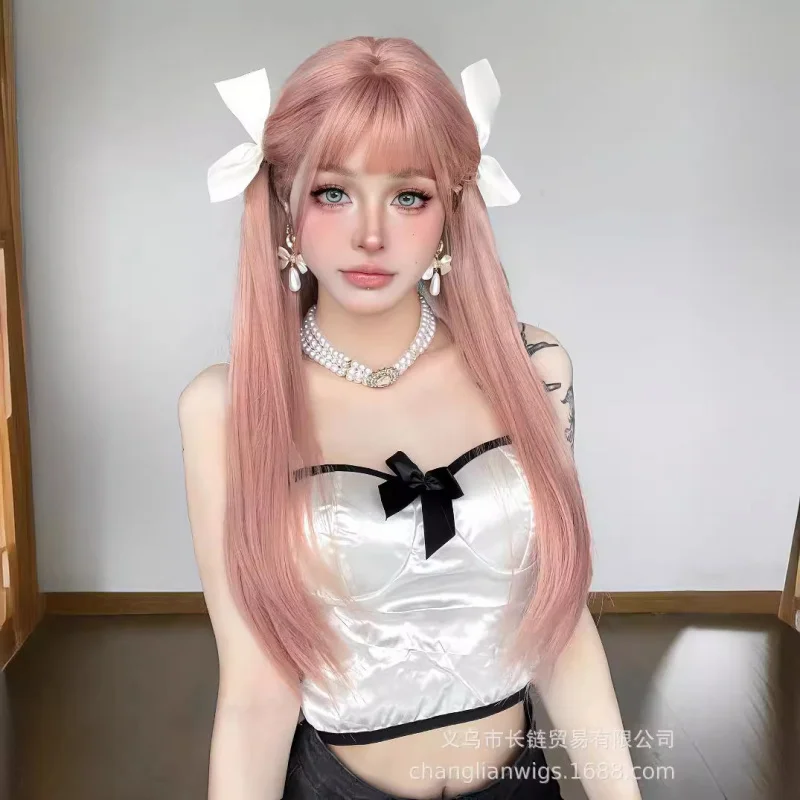 Women's long straight hair wig with air bangs, rose pink, fashionable full headpiece, wholesale cos