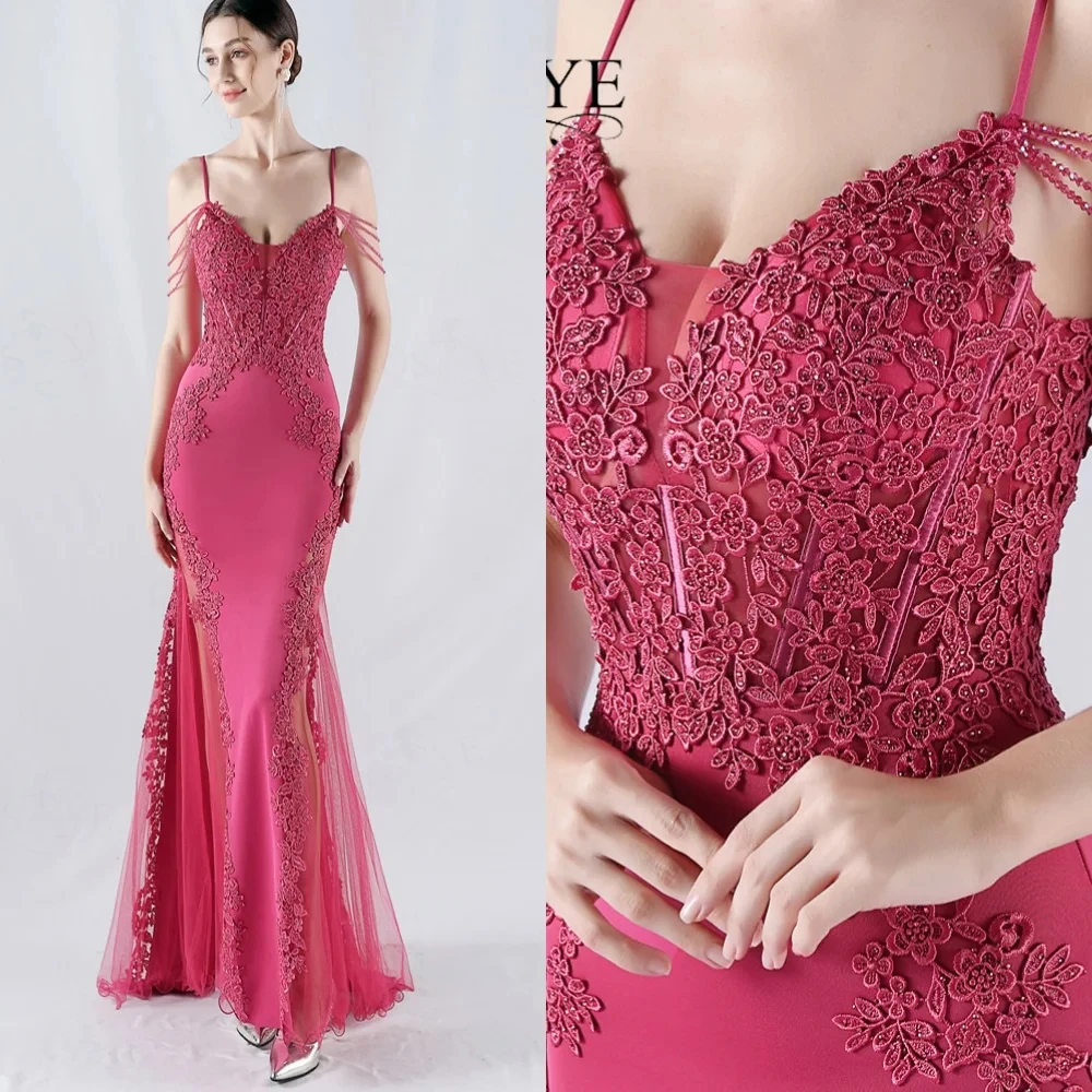 

Fuchsia Long Evening Dresses Spaghetti Straps Lace Appliques Mermaid Prom Dress Boned V neck Beading Illusion Formal Gown